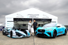 Alejandro Agag, CEO, Formula E, with James Barclay, Team Director, Jaguar Racing and the Gen2 Formula E car and the Jaguar iPace eTrophy car.
