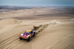 Sebastien Loeb and Daniel Elena in the Peugeot 3008 DKR Maxi of the Team Peugeot Total driving through the dunes during stage 2 of the Dakar Rally, between Pisco and Pisco, Peru, on January 7, 2018.
