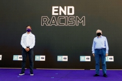 Jean Todt, FIA President and Jamie Reigle, CEO of Formula E in front of end racism signage