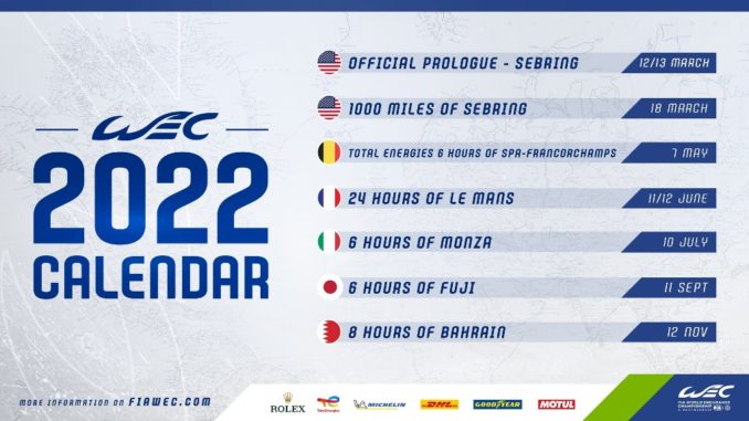 Il calendario 2022 del Campionato Mondiale Endurance