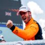 Sam Bird, NEOM McLaren Formula E Team, 1st position, celebrates on the podium